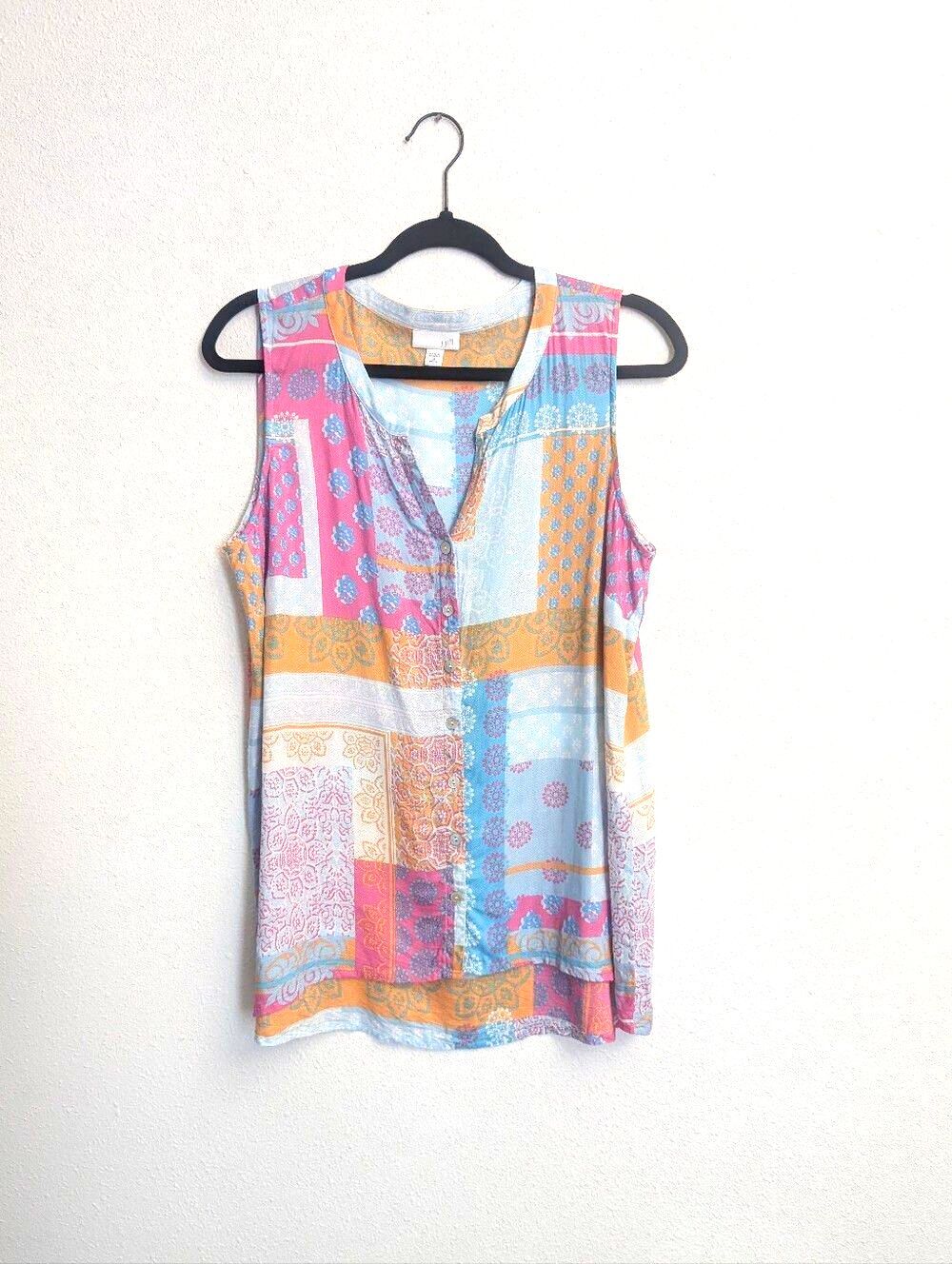 J. Jill Petite Medium Patchwork Print Sleeveless Top Colorful Boho Button Front - Picture 1 of 5